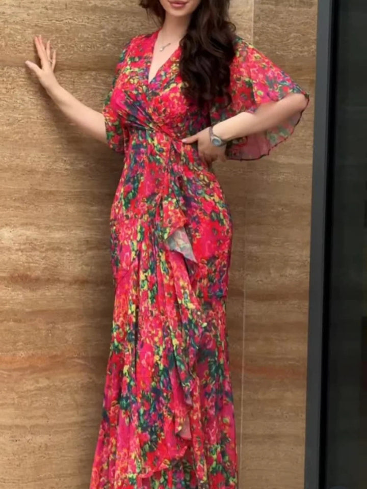 Retro V-neck trumpet sleeve printed dress