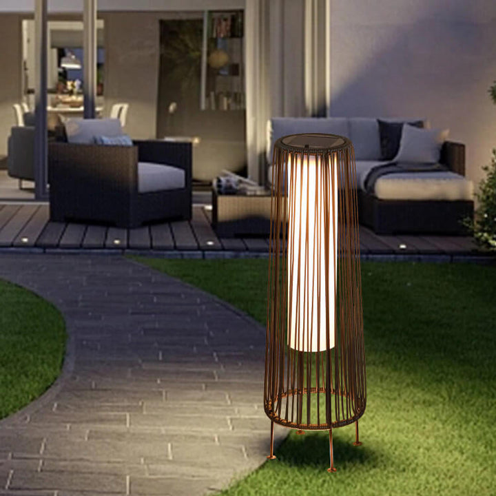 Modern Minimalist Solar Waterproof Round Vertical Pull Strip Iron Rattan LED Standing Floor Lamp For Outdoor Patio | Bowlift