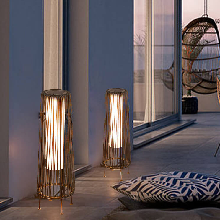 Modern Minimalist Solar Waterproof Round Vertical Pull Strip Iron Rattan LED Standing Floor Lamp For Outdoor Patio | Bowlift