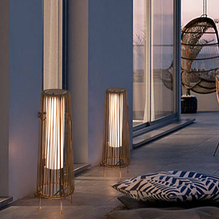 Modern Minimalist Solar Waterproof Round Vertical Pull Strip Iron Rattan LED Standing Floor Lamp For Outdoor Patio | Bowlift