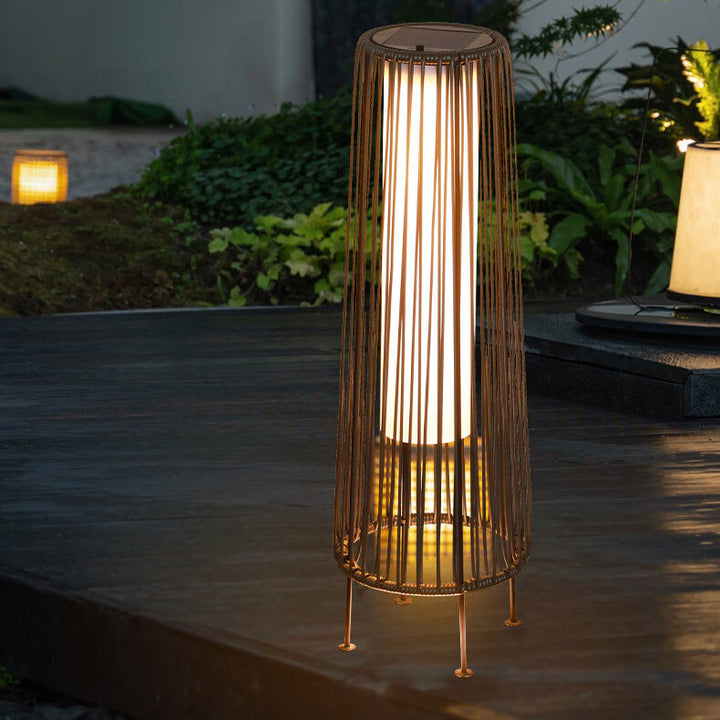 Modern Minimalist Solar Waterproof Round Vertical Pull Strip Iron Rattan LED Standing Floor Lamp For Outdoor Patio | Bowlift