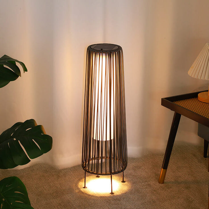 Modern Minimalist Solar Waterproof Round Vertical Pull Strip Iron Rattan LED Standing Floor Lamp For Outdoor Patio | Bowlift