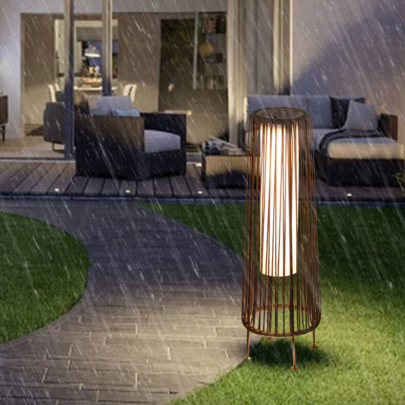Modern Minimalist Solar Waterproof Round Vertical Pull Strip Iron Rattan LED Standing Floor Lamp For Outdoor Patio | Bowlift