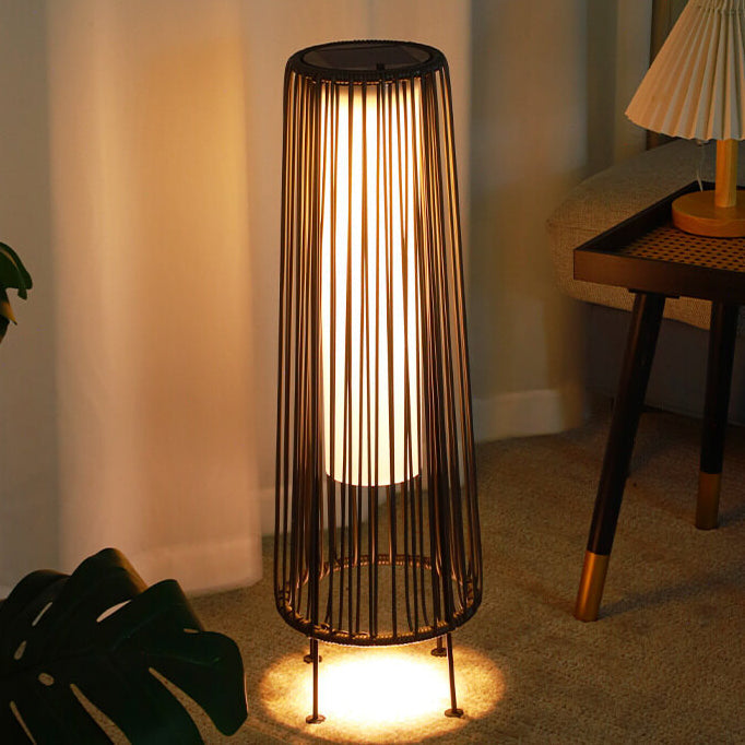 Modern Minimalist Solar Waterproof Round Vertical Pull Strip Iron Rattan LED Standing Floor Lamp For Outdoor Patio | Bowlift