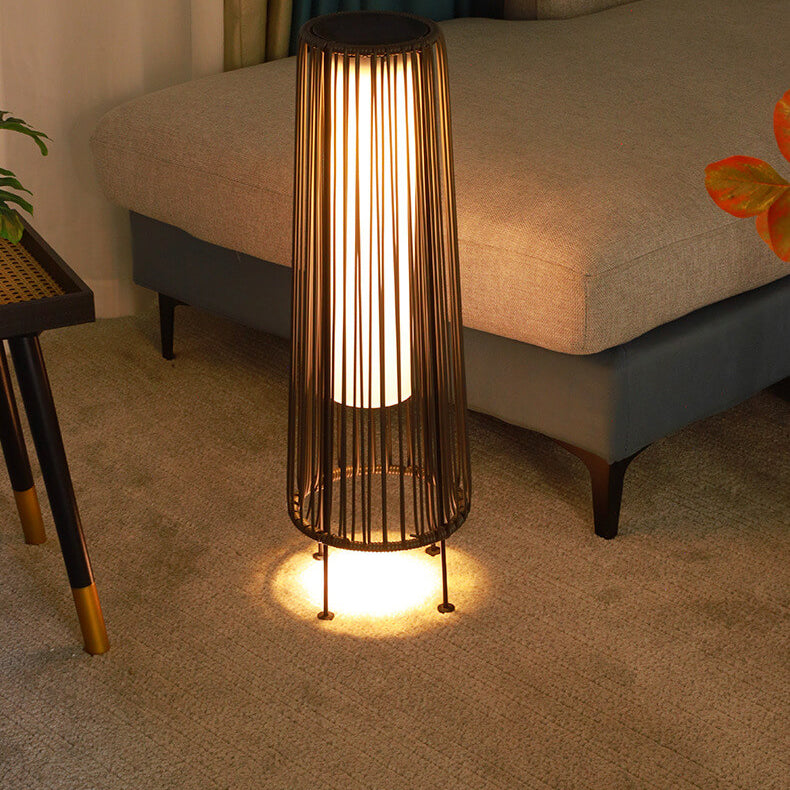 Modern Minimalist Solar Waterproof Round Vertical Pull Strip Iron Rattan LED Standing Floor Lamp For Outdoor Patio | Bowlift