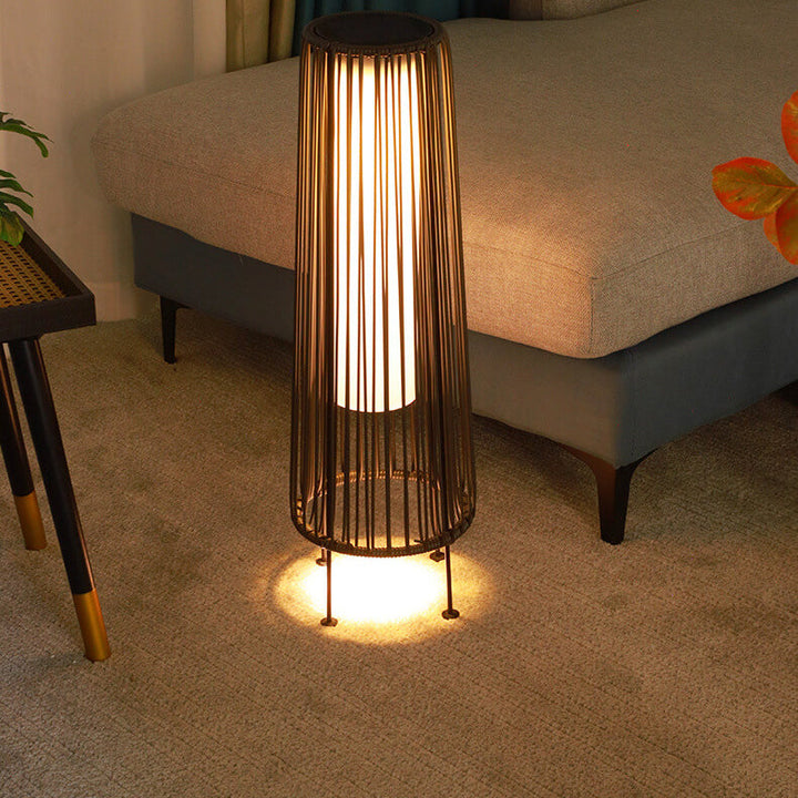 Modern Minimalist Solar Waterproof Round Vertical Pull Strip Iron Rattan LED Standing Floor Lamp For Outdoor Patio | Bowlift