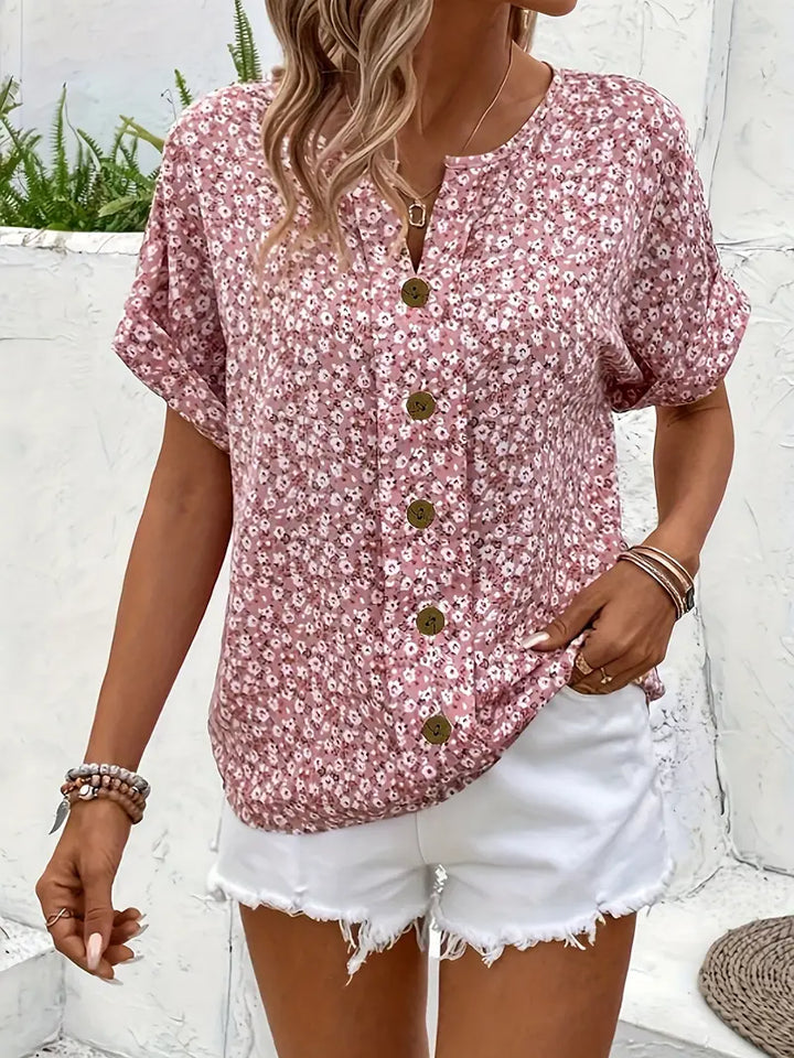 Cindy™ | Floral Print Notched Colour Blouse