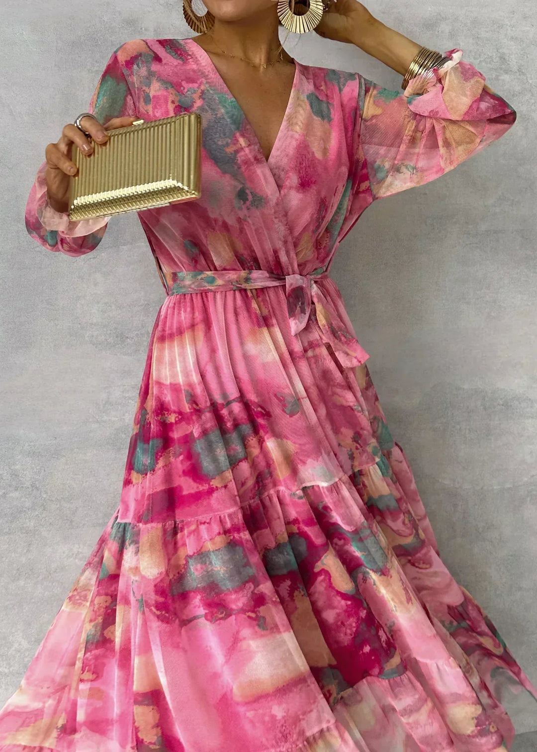 Amber - Floral Print Wrap Maxi Dress with Long Sleeves