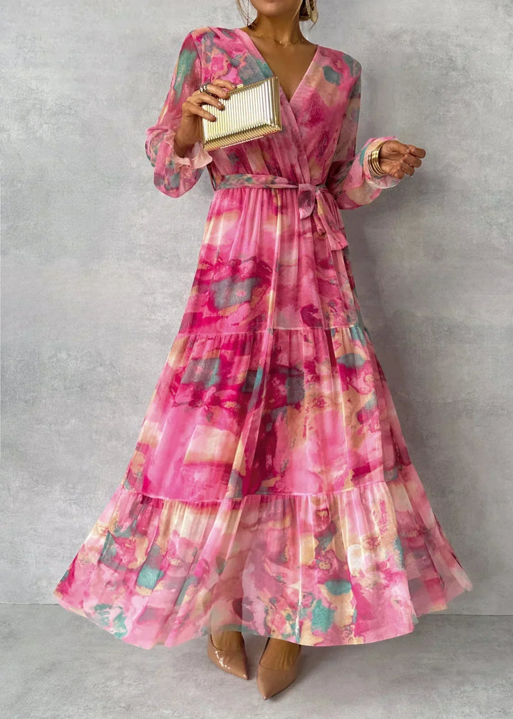 Amber - Floral Print Wrap Maxi Dress with Long Sleeves