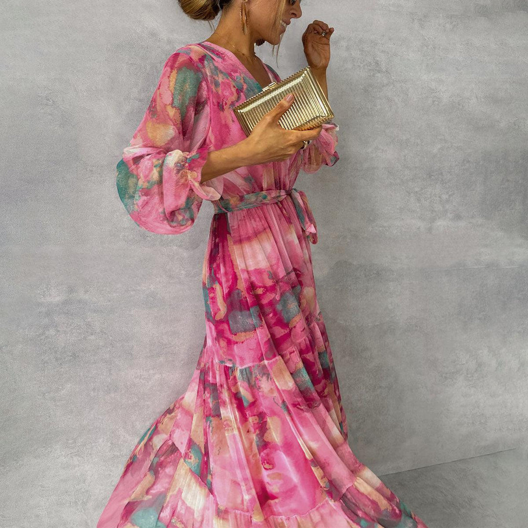Amber - Floral Print Wrap Maxi Dress with Long Sleeves