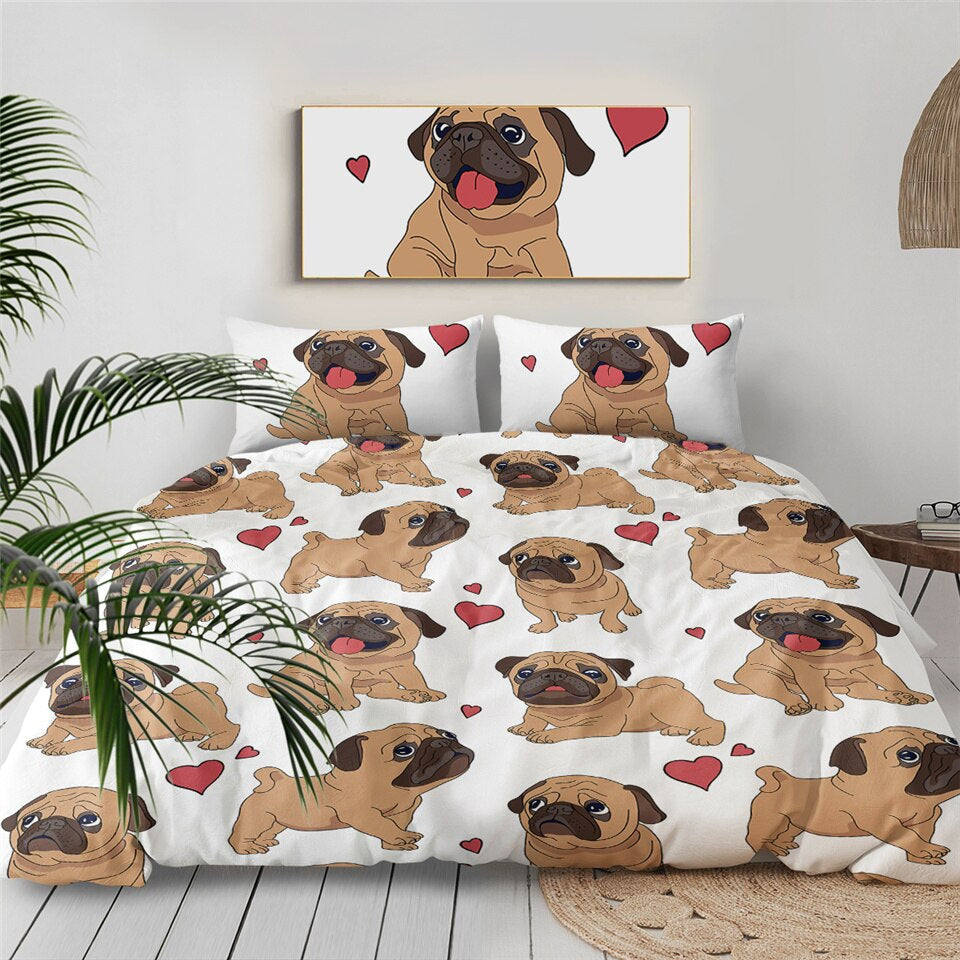 BowLift | 3pcs Hippie Pug Puppy Cartoon Comfortable Duvet Cover Bedding Set