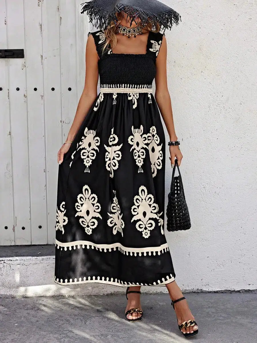 Valentina |Chic Square Neck Sleeveless Printed Beach Dress