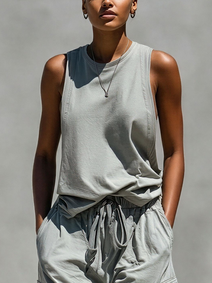 Two-Piece Women's Gray Sleeveless Tank Top and Cargo Shorts Set