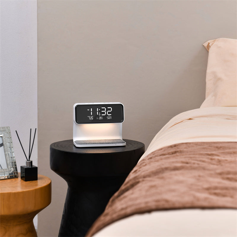 BowLift | 3-in-1 Bedside Lamp with Wireless Charger – LCD Alarm Clock & Touch Dimmable LED Table Lamp