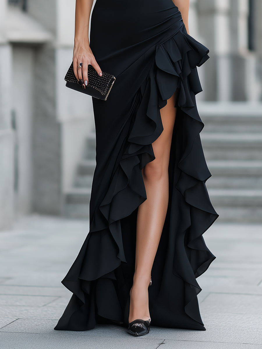 Asymmetric One-Shoulder Ruffle Slit Evening Dress