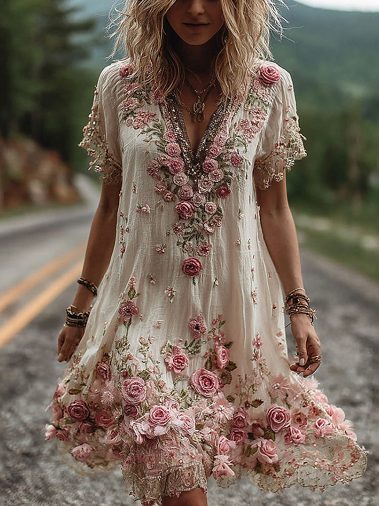 RUBY – BLOSSOM EMBROIDERED V-NECK DRESS