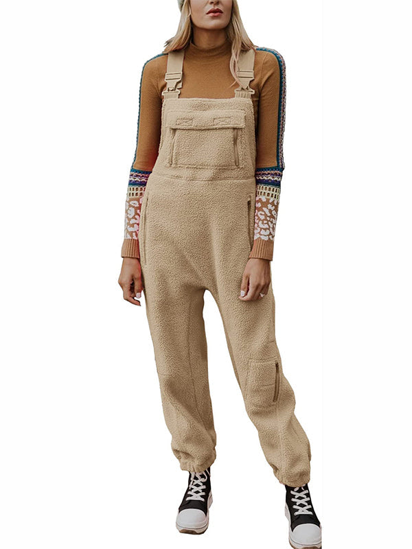 Fleece Thermal Overalls with Zipper Pockets for Women