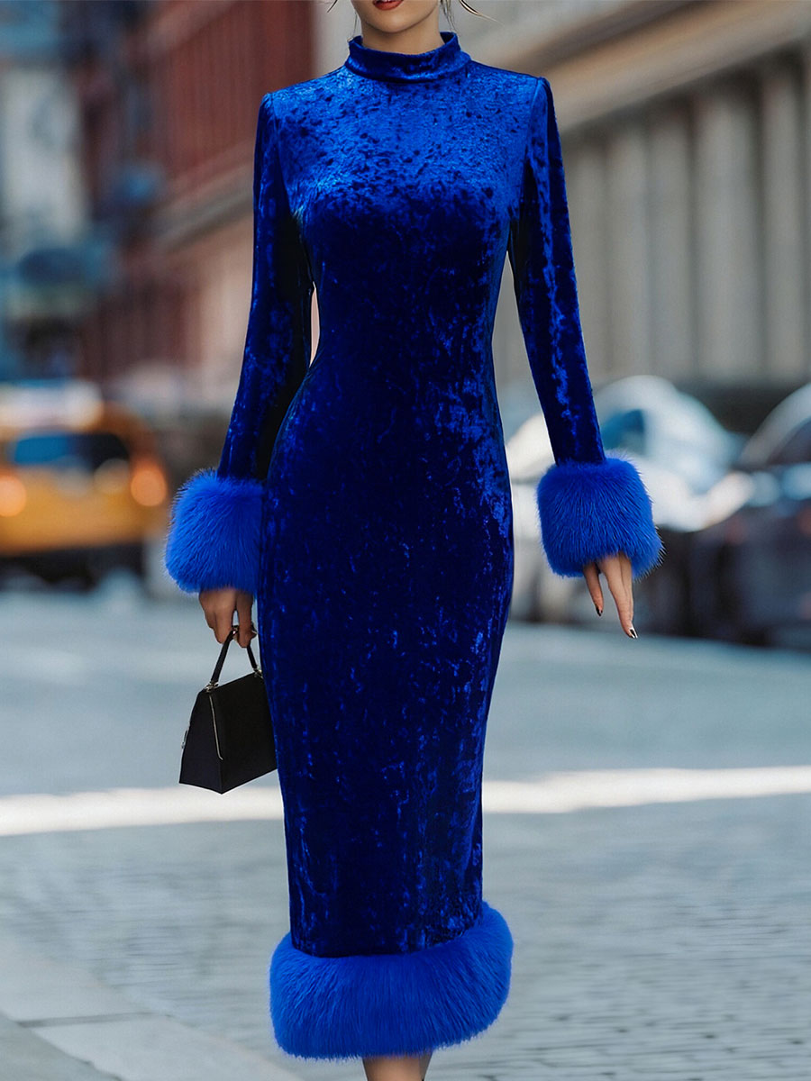 Glamorous Royal Blue Velvet Dress With Feather Trims