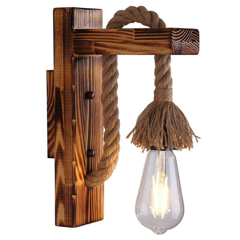 Azura | 1-Bulb Wood Wall Mounted Lighting Industrial Brown Rectangular Hall Rope Wall Light Set