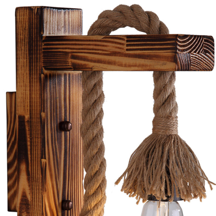 Azura | 1-Bulb Wood Wall Mounted Lighting Industrial Brown Rectangular Hall Rope Wall Light Set