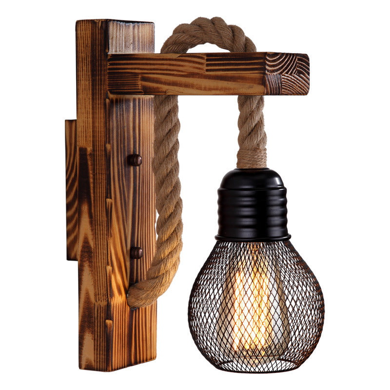 Azura | 1-Bulb Wood Wall Mounted Lighting Industrial Brown Rectangular Hall Rope Wall Light Set