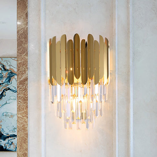 Azura | Stacked Wall Light Modernist Metal 1 Light Brass Wall Lamp with Clear Crystal Block for Nightstand