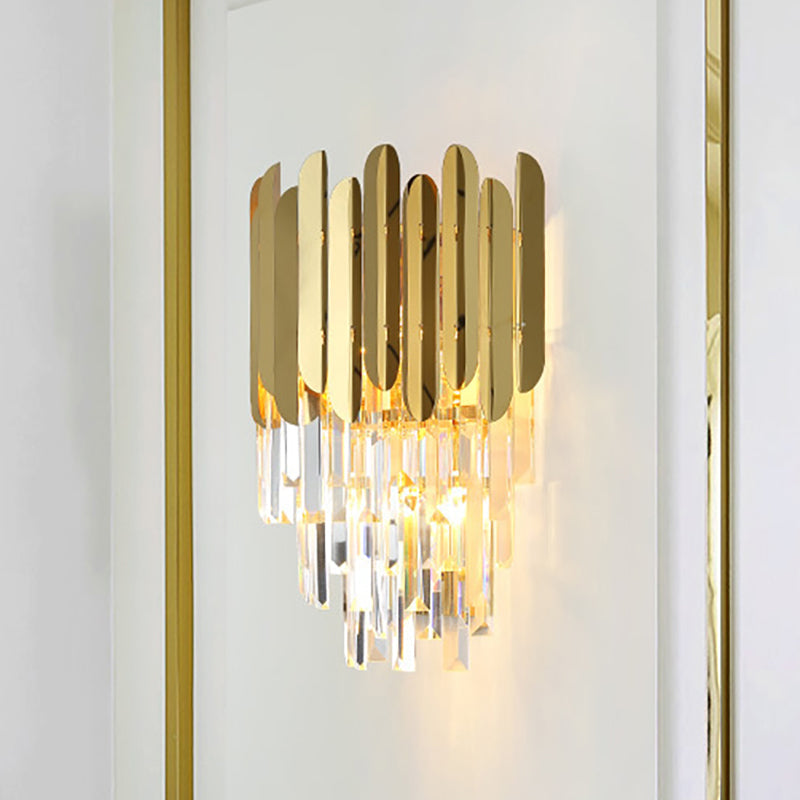 Azura | Stacked Wall Light Modernist Metal 1 Light Brass Wall Lamp with Clear Crystal Block for Nightstand