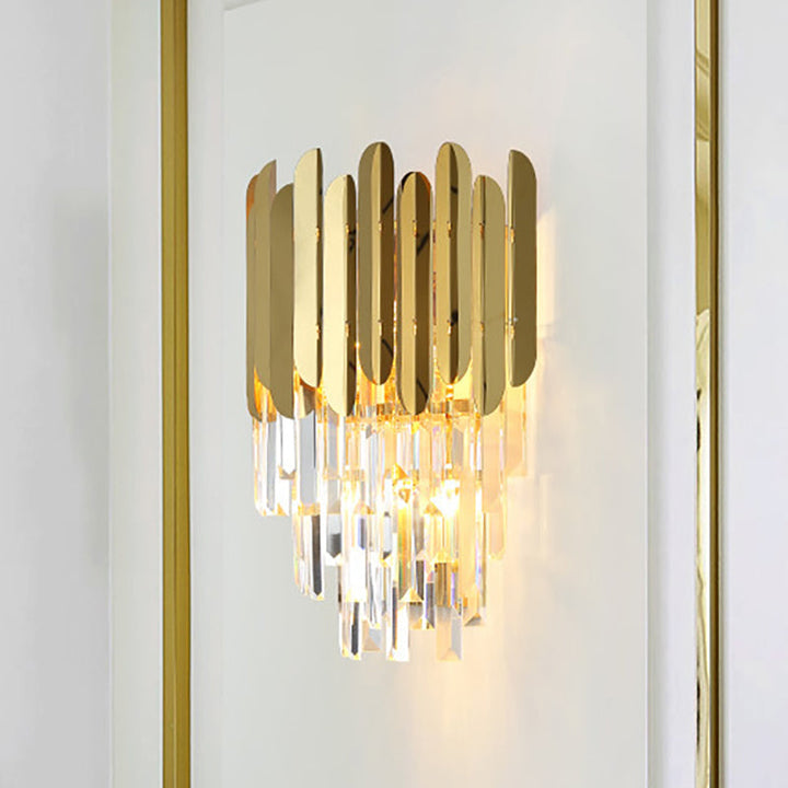 Azura | Stacked Wall Light Modernist Metal 1 Light Brass Wall Lamp with Clear Crystal Block for Nightstand