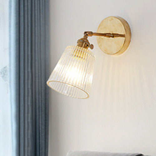 Azura | 1 Light Clear Ribbed Glass Wall Lamp Light Industrial Brass Cone Living Room Lighting Fixture