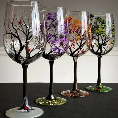 Azura | Hand Painted Four Seasons Tree Wine Glasses | Unique Art