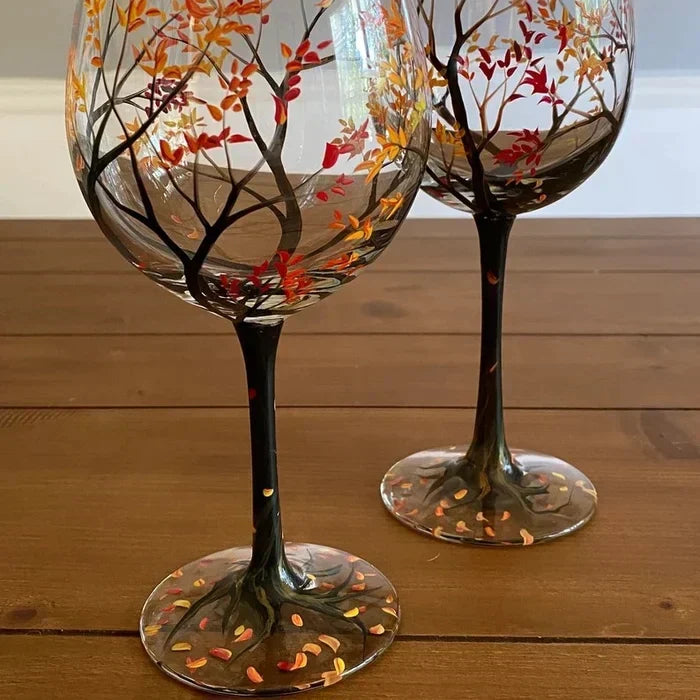 Azura | Hand Painted Four Seasons Tree Wine Glasses | Unique Art