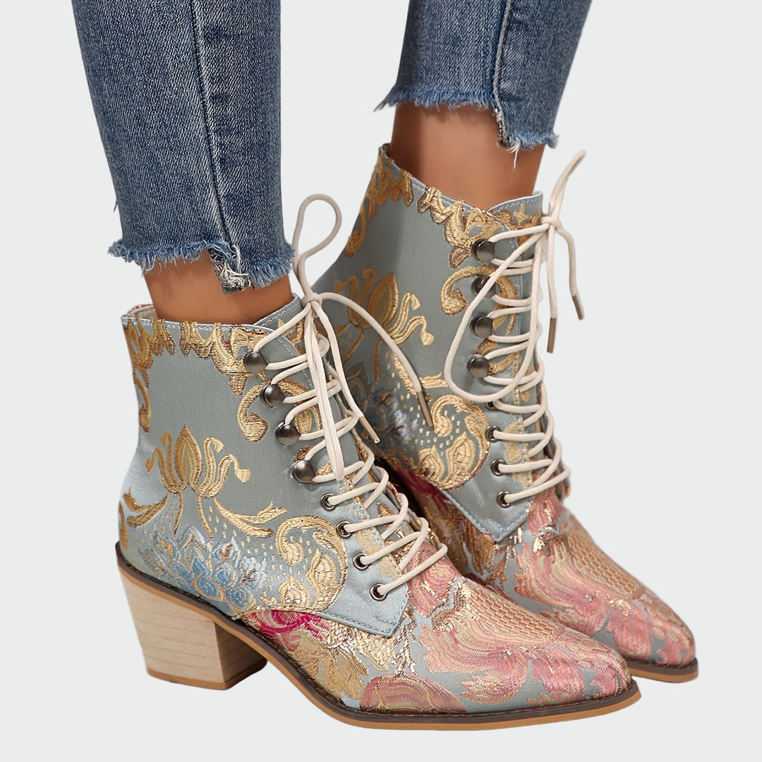 Leather Ankle Boots with Flowers