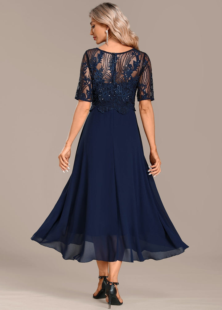 CLARISSA – ELEGANT NAVY LACE CHIFFON DRESS