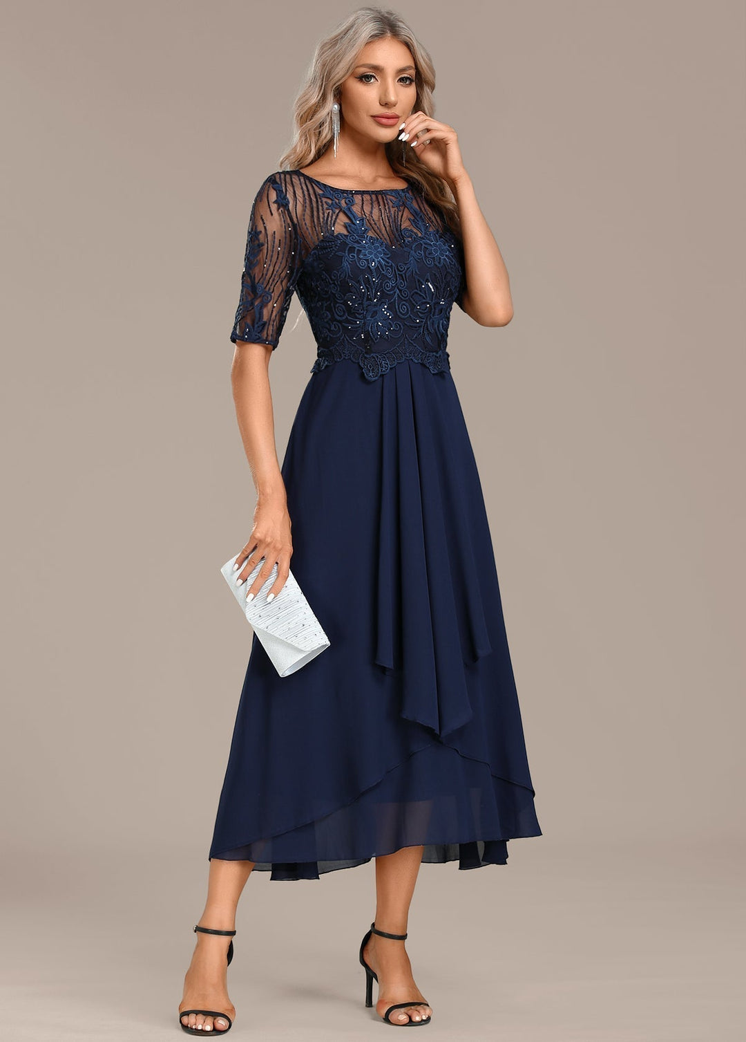 CLARISSA – ELEGANT NAVY LACE CHIFFON DRESS