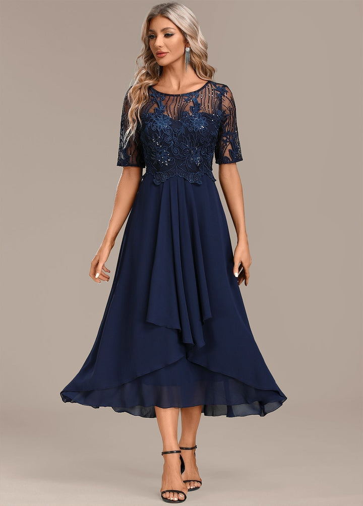 CLARISSA – ELEGANT NAVY LACE CHIFFON DRESS