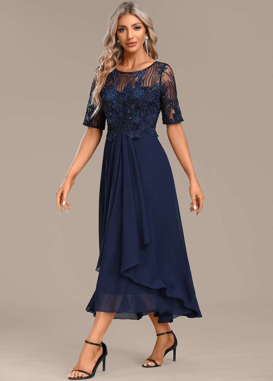 Hazel Navy Lace Short Sleeve Round Neck Dress
