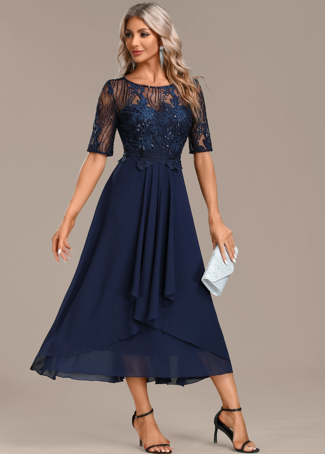 Hazel Navy Lace Short Sleeve Round Neck Dress