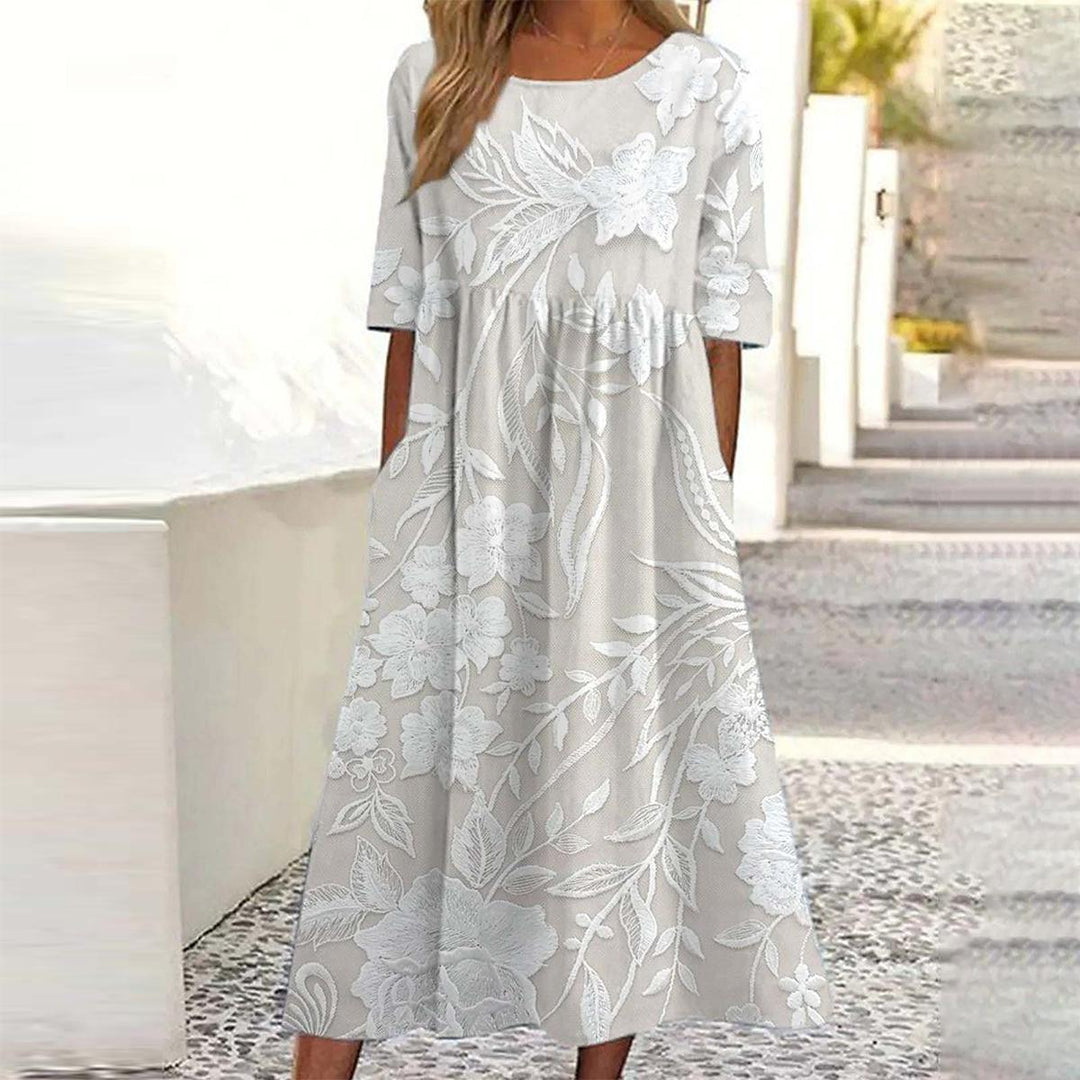 Maëlle – Classic Midi Dress with Print & Side Pockets