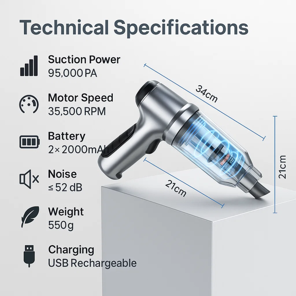Azura | Car Vacuum Cleaner - Powerful and Compact Car Vac for Quick Cleaning