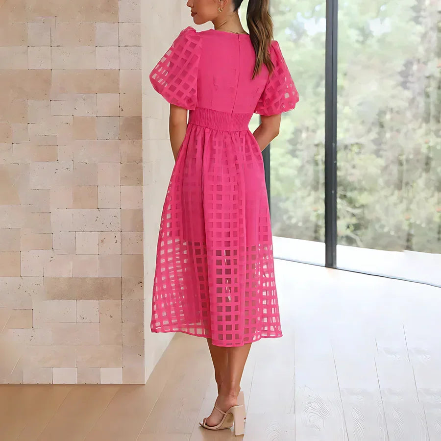 Caelis | Classic Patterned Puff Sleeve Midi Dress