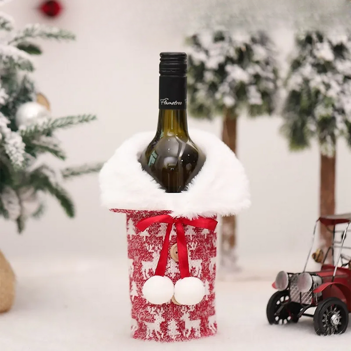 Christmas bottle cover with fur collar – festive cover for wine bottles, gnome decoration for Christmas, perfect as gift wrapping | Azura