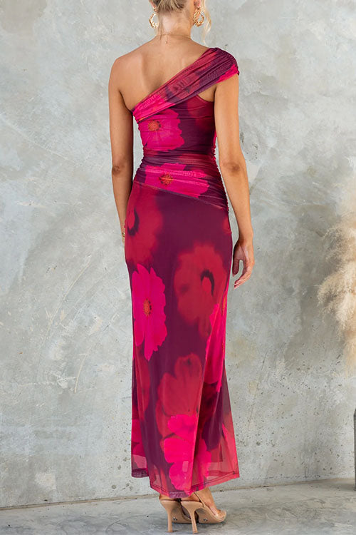 One Shoulder Floral Print Mesh Bodycon Maxi Dress