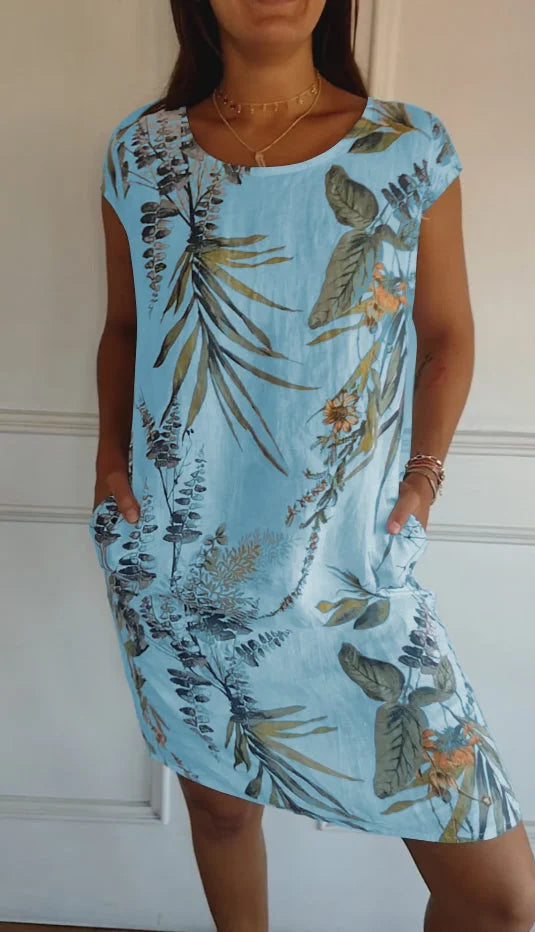 Printed summer dress in cotton and linen for women with pockets