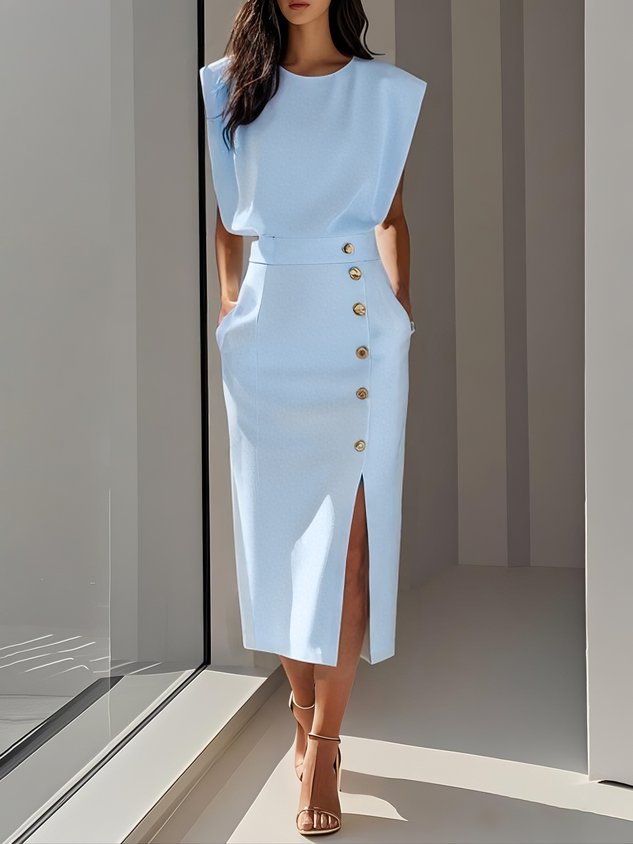 Malene™ | Solid Midi Dress with Button Slit and Round Neckline