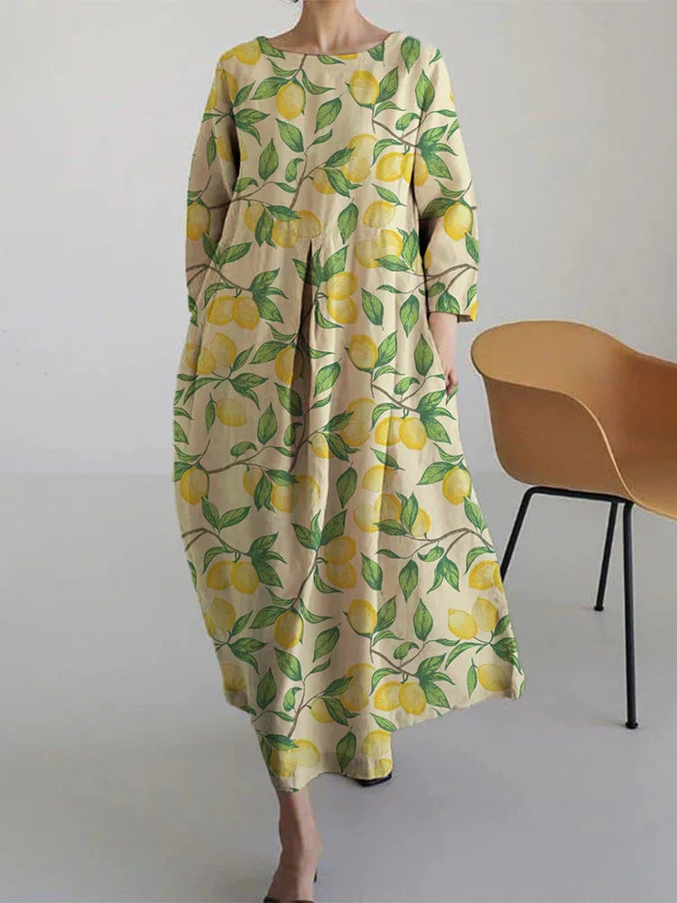 Basil - Trendy Lemon Print Loose Midi Dress