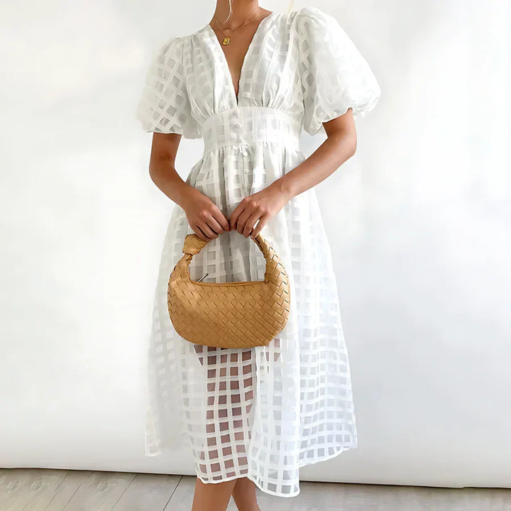 Caelis | Classic Patterned Puff Sleeve Midi Dress