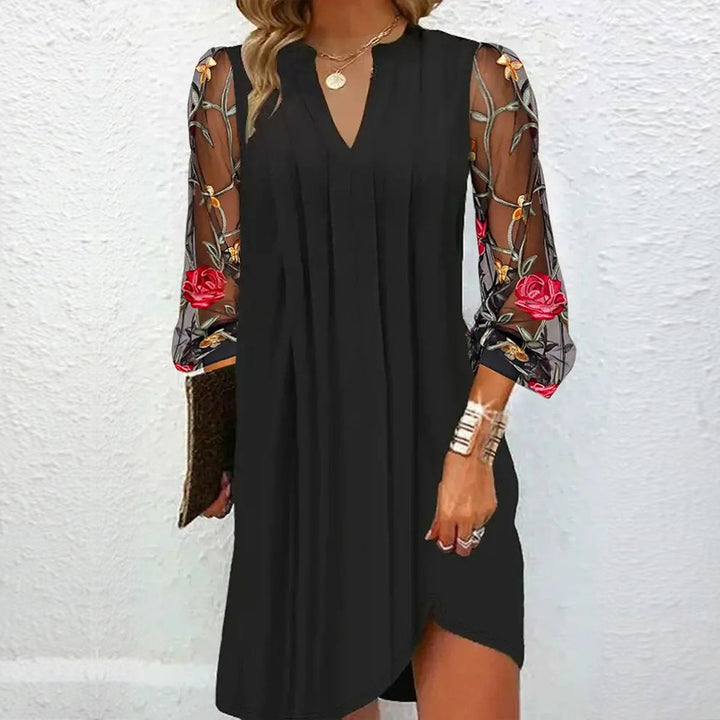 JANE – ELEGANT BLACK DRESS WITH EMBROIDERED SHEER SLEEVES