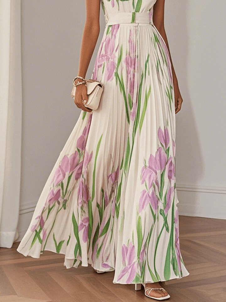 Pleated Long Dress in Mousseline - Timeless Elegance