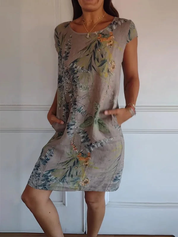 Printed summer dress in cotton and linen for women with pockets
