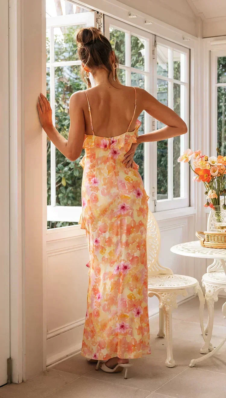 Luneth - Floral V-Neck Backless Maxi Dress